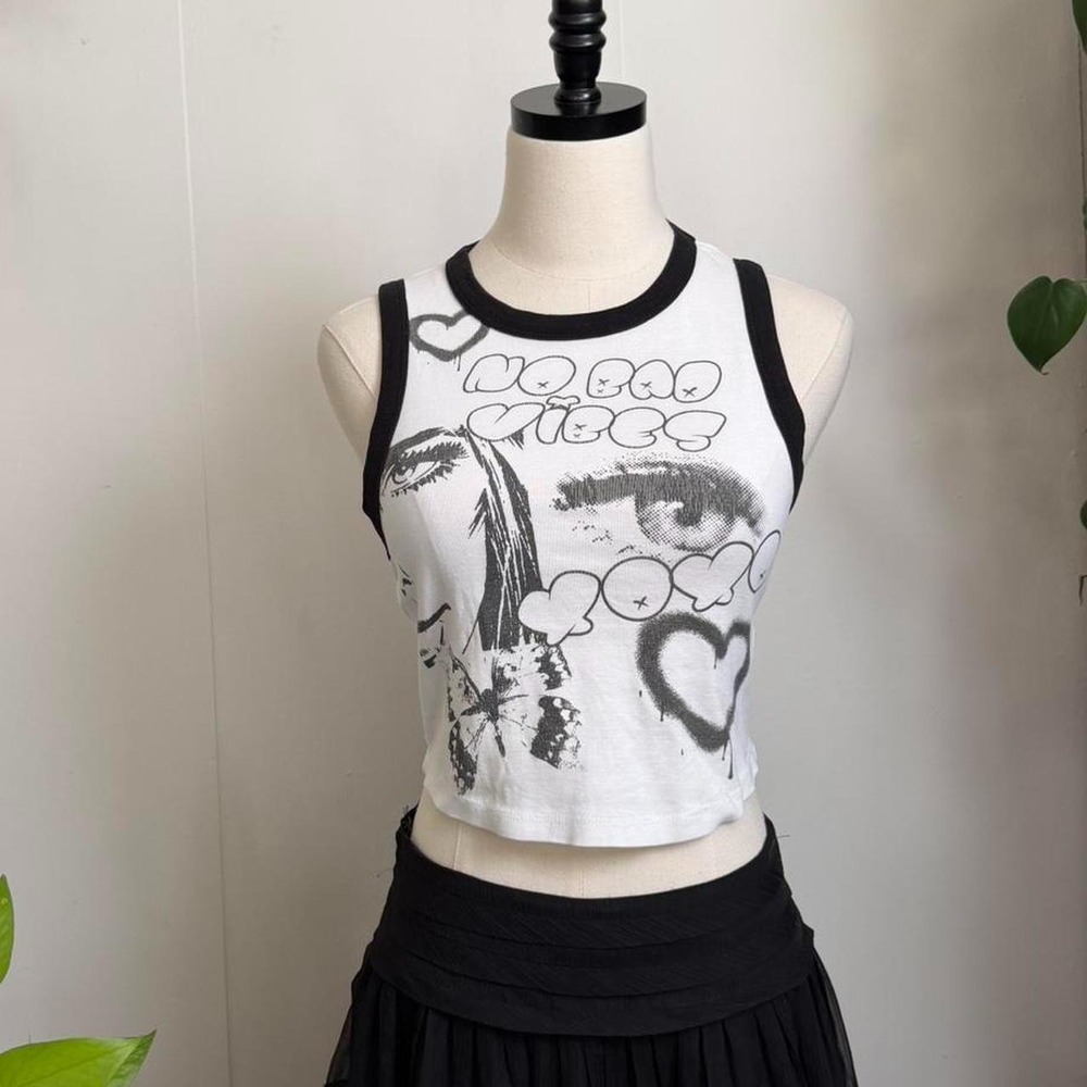 Garage Women White Black No Bad Vibes Graphic Cropped Ringer Tank Top Medium